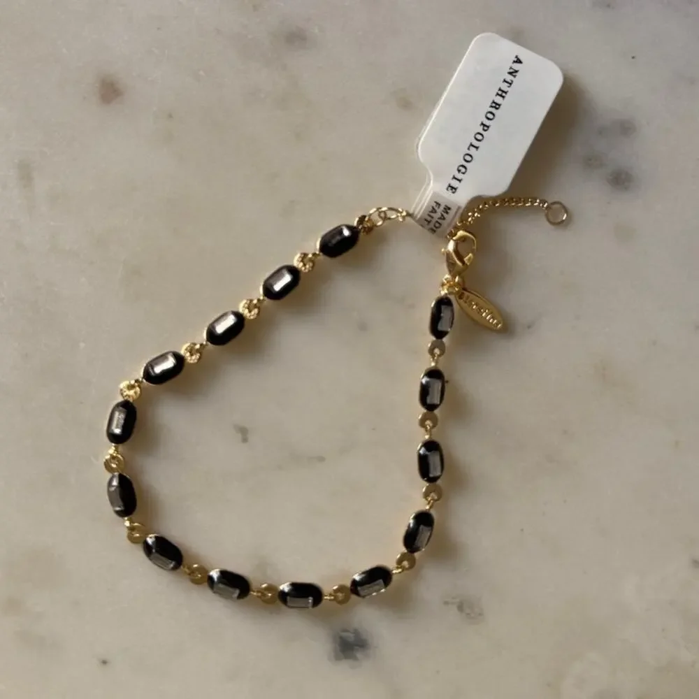 ANTHROPOLOGIE NWT ONE 1 14K Plated Linked Crystal Bracelet Black 6.5-7.5" - Picture 3 of 3